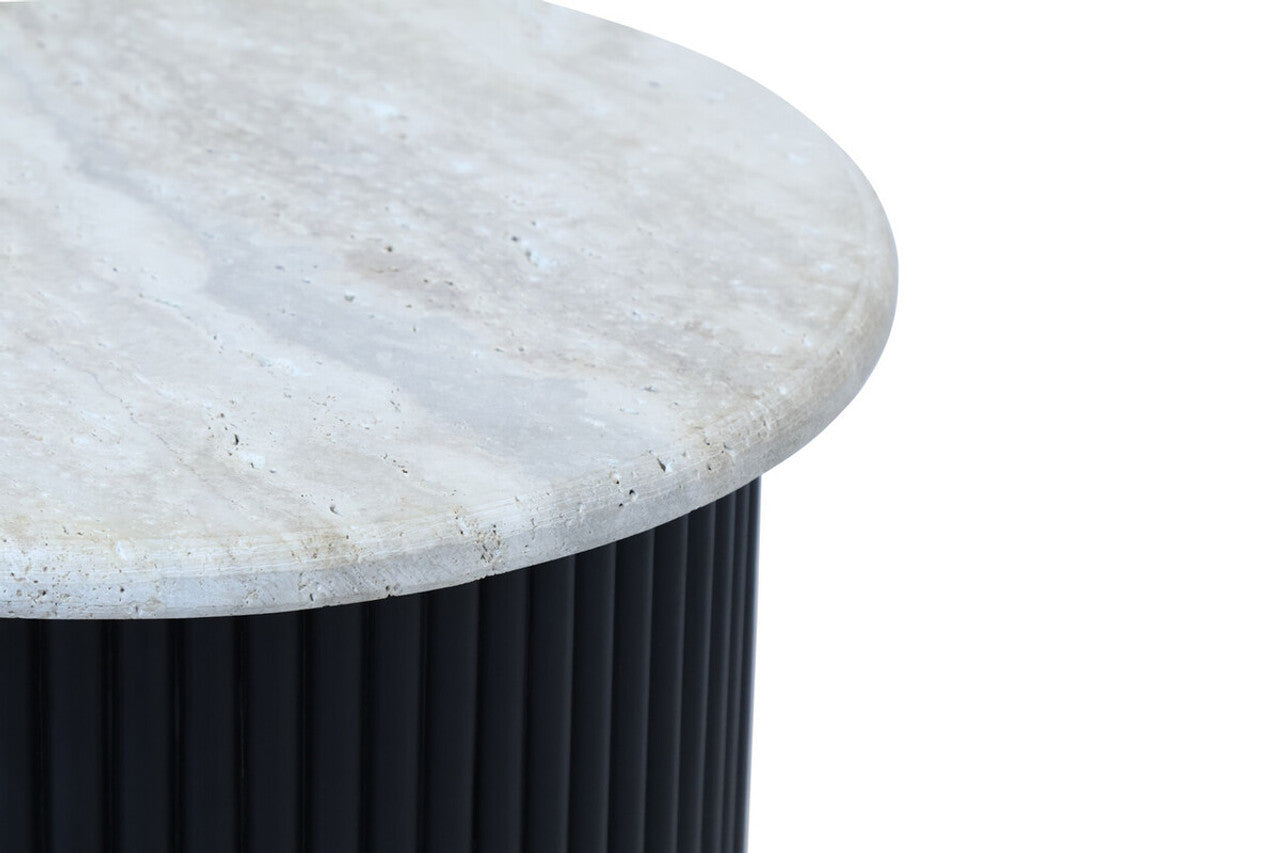 Tyler Travertine Top Side Table with Black Acacia Wood Base
