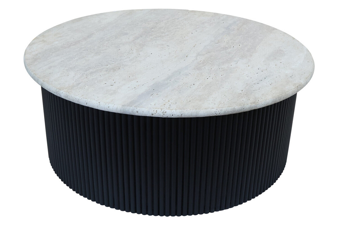 Tyler Travertine Top Coffee Table with Black Acacia Wood Base