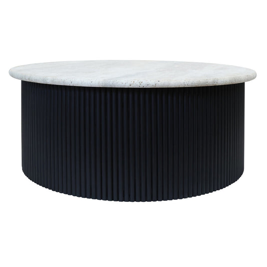 Tyler Travertine Top Coffee Table with Black Acacia Wood Base