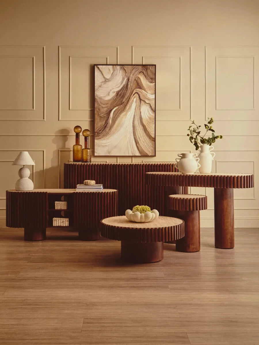 Babel Travertine and Mango Wood Curved Console Table