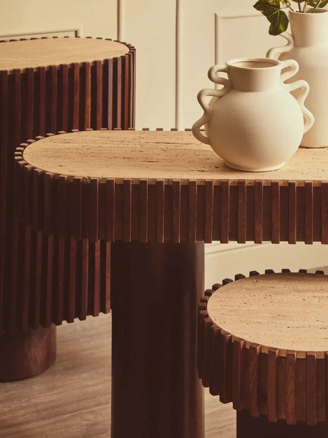Babel Travertine and Mango Wood Curved Console Table
