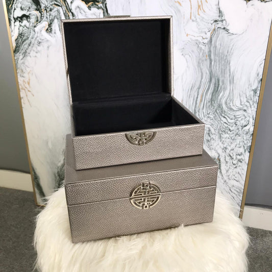 Chimes - Set of 2 Pewter Faux Leather Jewellery Boxes with silver clasp
