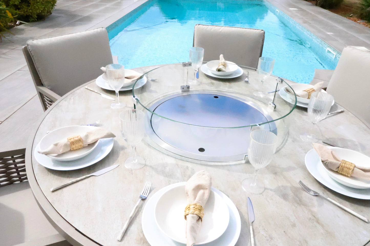 Chimes - Monaco Aluminium 6 Seat Round Dining Set - 1.5 Meter Round Table With Firepit - Rope Weave - Cream