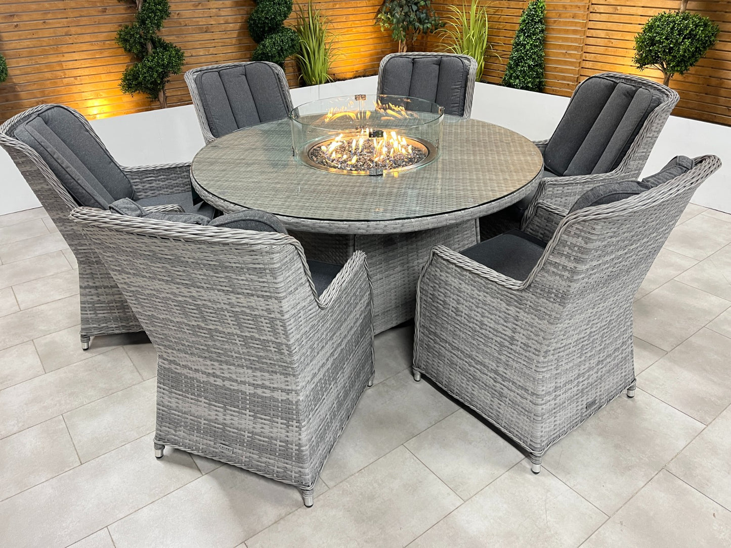Chimes - Stone Grey Bella 6 Seat Round Dining Set - 1.5 Meter Round Table with Firepit
