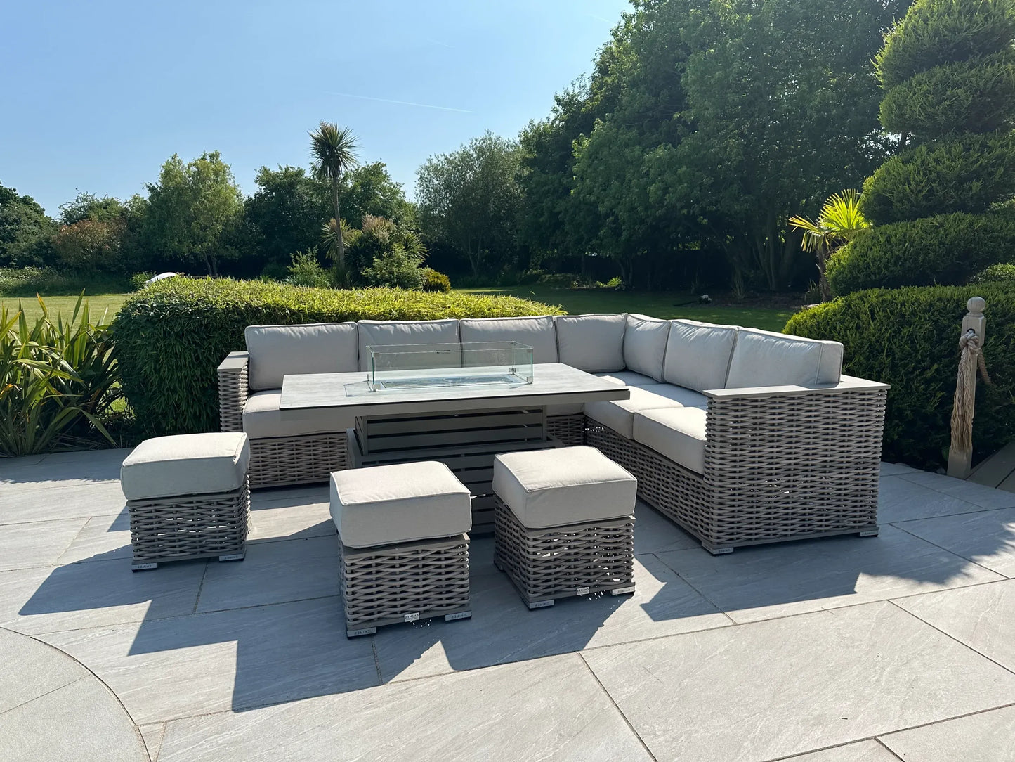 Chimes - Monaco Aluminium & Rope Right Hand Corner Dining Set with Rising Firepit Table - Cream