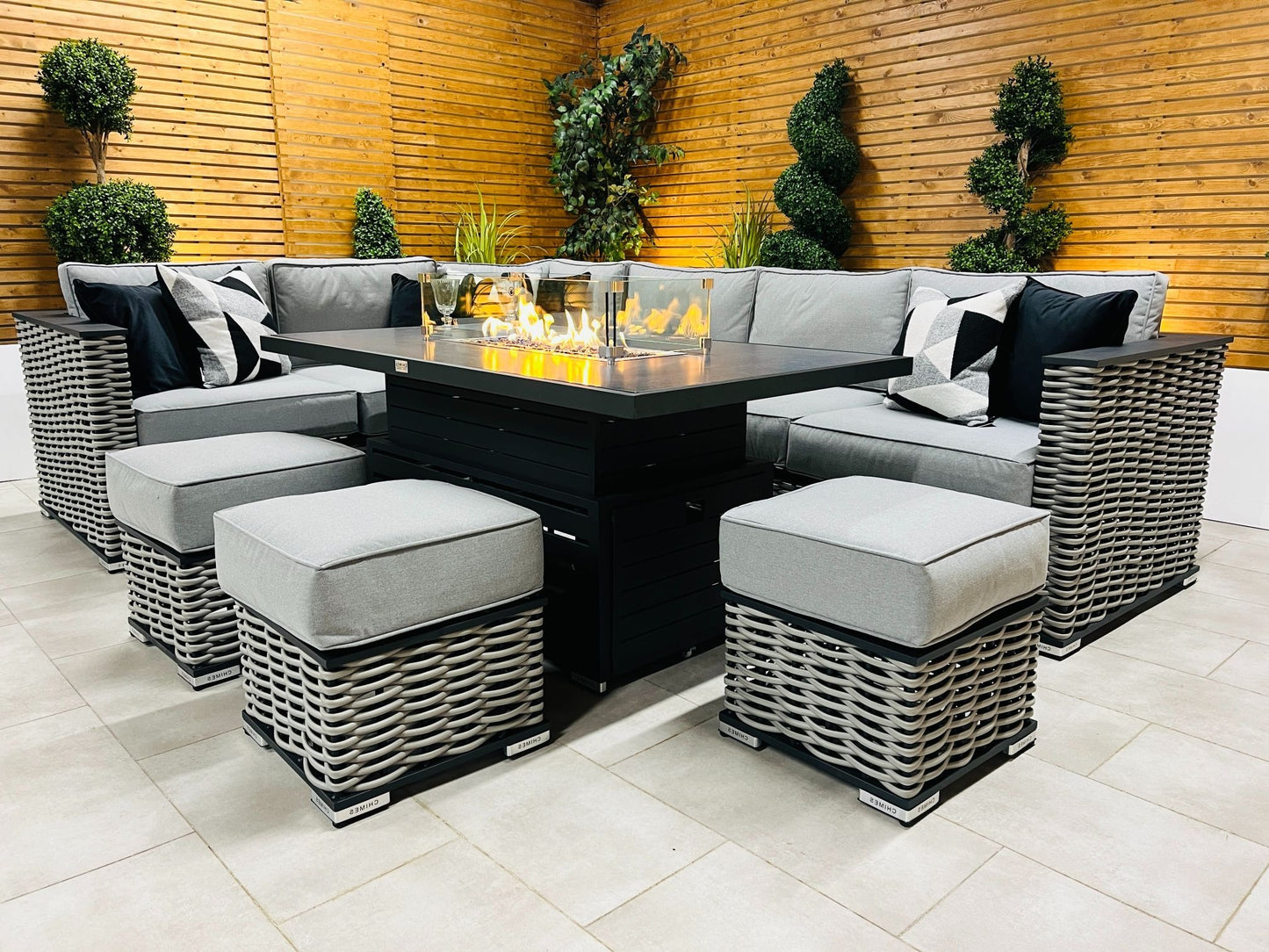 Chimes - Monaco Aluminium Left Hand Corner Dining Set with Rising Firepit Table - Rope Weave