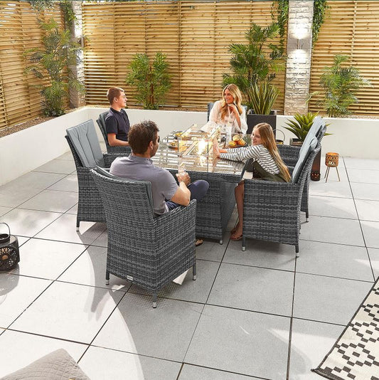 Nova - Mixed Grey Sienna 6 Seat Dining Set with Fire Pit - 1.5m x 1m Rectangular Table - 2 IN STOCK