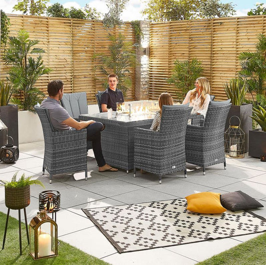 Nova - Mixed Grey Sienna 6 Seat Dining Set with Fire Pit - 1.5m x 1m Rectangular Table - 2 IN STOCK