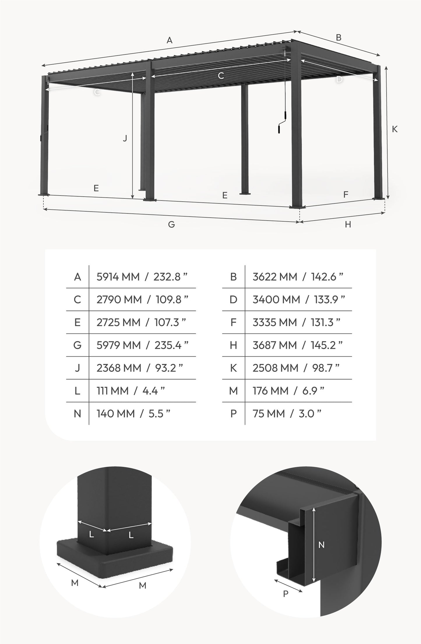 Nova - Titan Aluminium Pergola - 6m x 3.6m Rectangular - Pebble