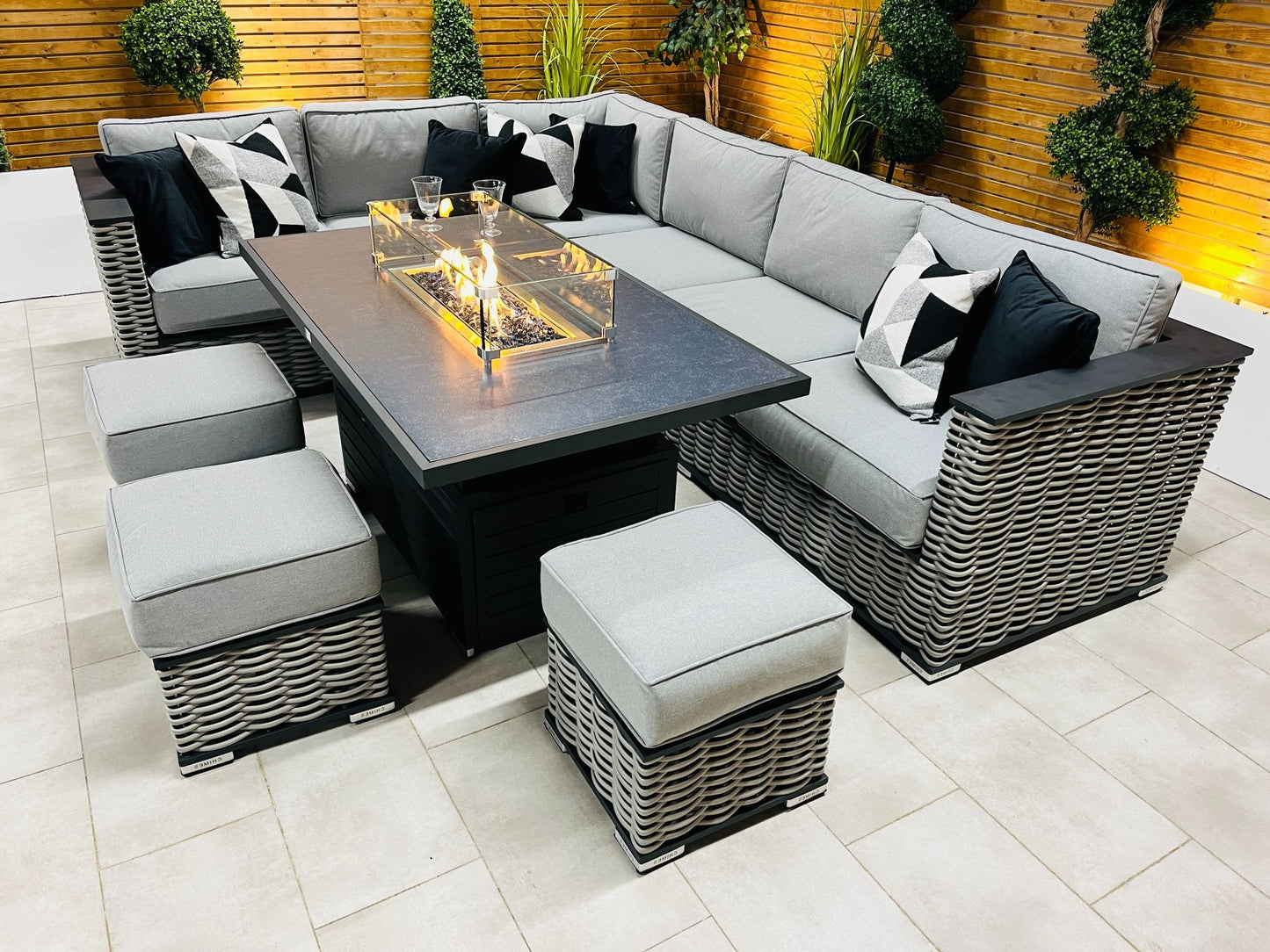 Chimes - Monaco Aluminium Left Hand Corner Dining Set with Rising Firepit Table - Rope Weave