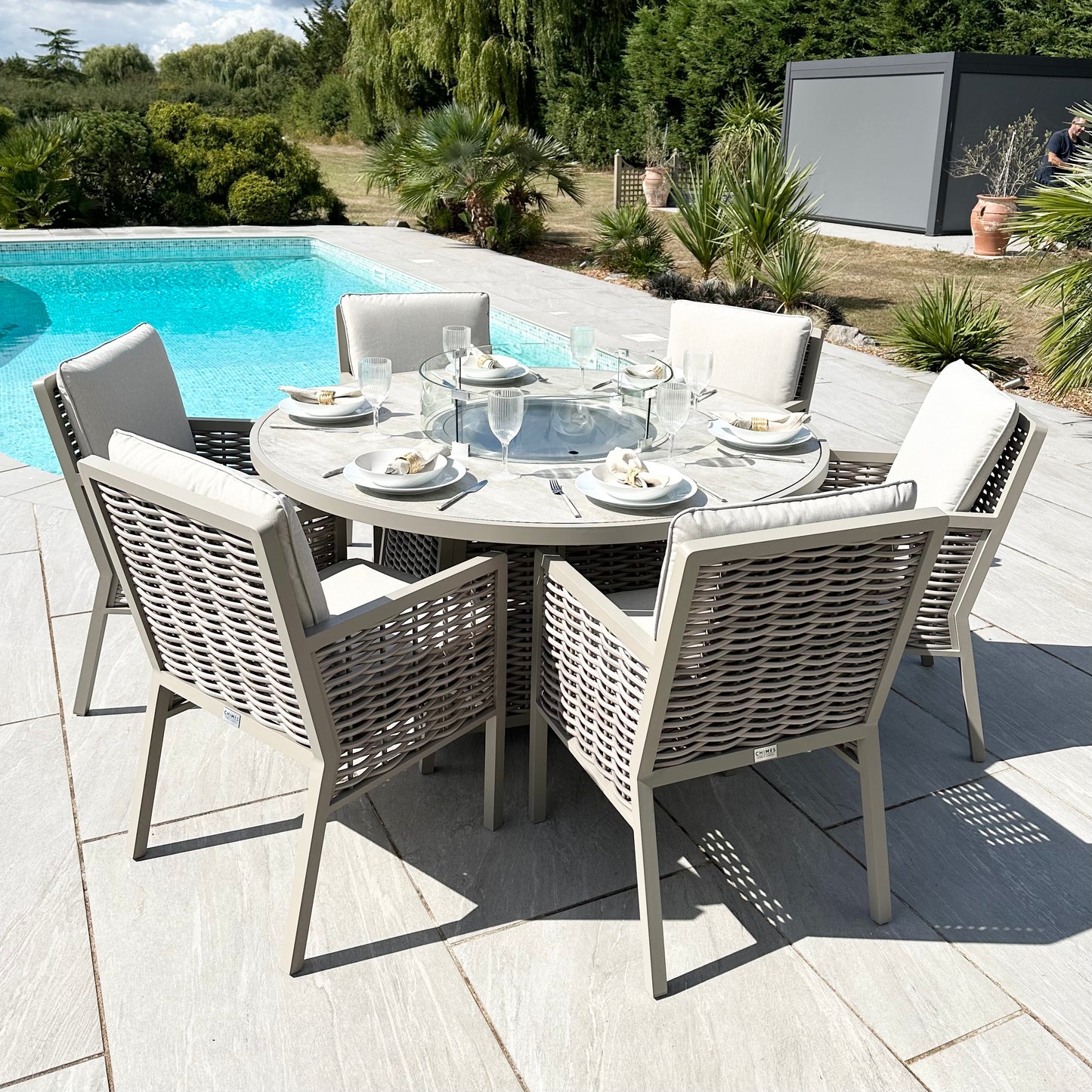Chimes - Monaco Aluminium 6 Seat Round Dining Set - 1.5 Meter Round Table With Firepit - Rope Weave - Cream