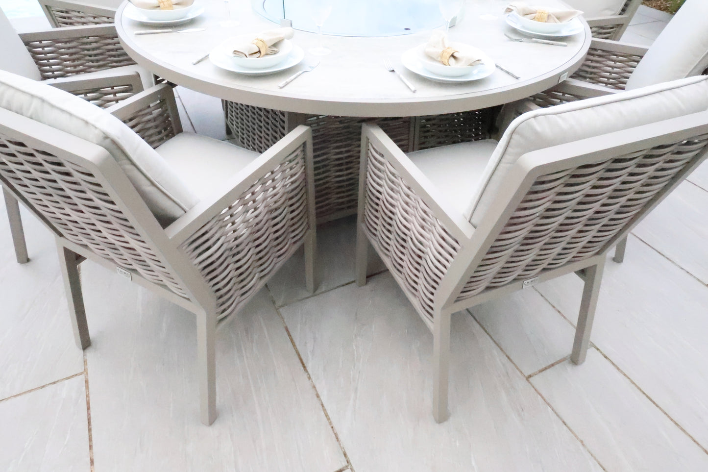 Chimes - Monaco Aluminium 6 Seat Round Dining Set - 1.5 Meter Round Table With Firepit - Rope Weave - Cream