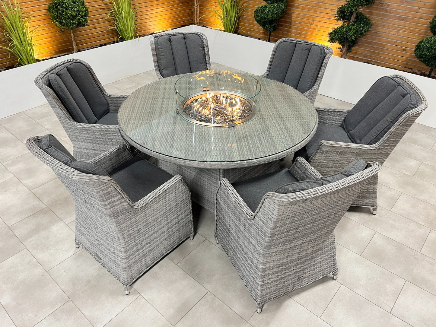 Chimes - Stone Grey Bella 6 Seat Round Dining Set - 1.5 Meter Round Table with Firepit