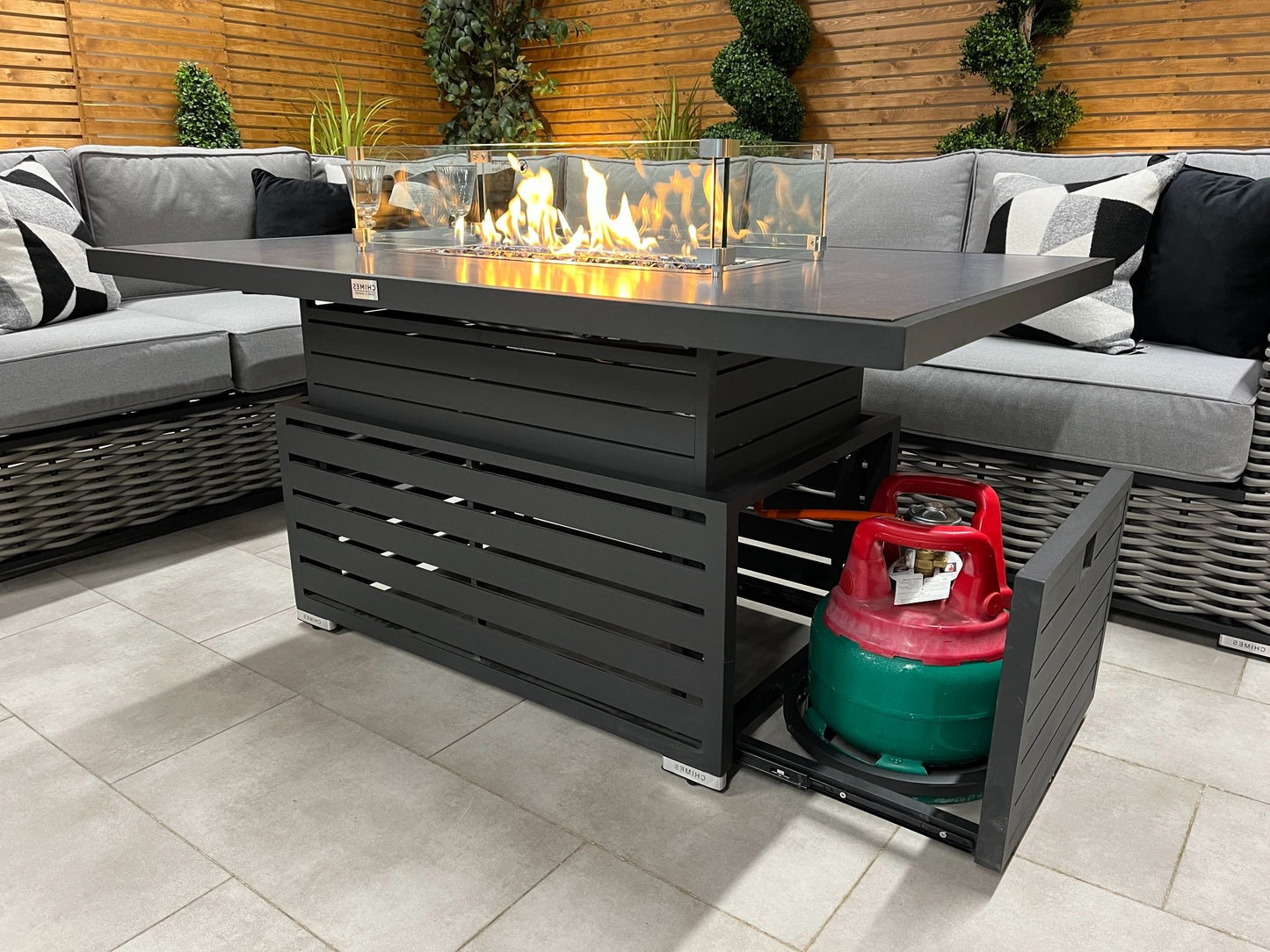 Chimes - Monaco Aluminium Left Hand Corner Dining Set with Rising Firepit Table - Rope Weave