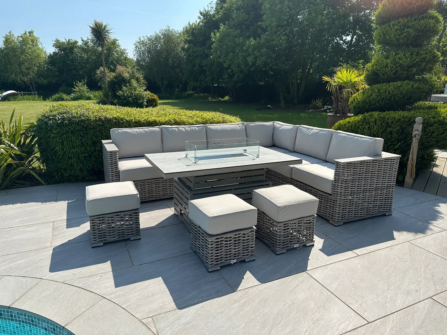 Chimes - Monaco Aluminium & Rope Right Hand Corner Dining Set with Rising Firepit Table - Cream