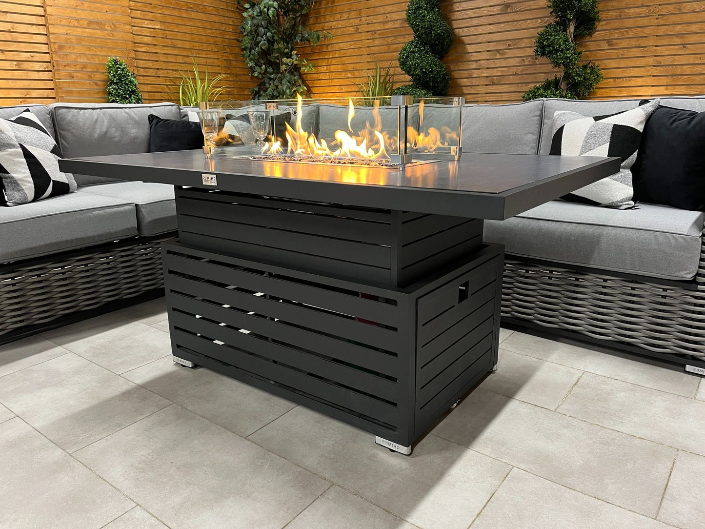 Chimes - Monaco Aluminium Left Hand Corner Dining Set with Rising Firepit Table - Rope Weave