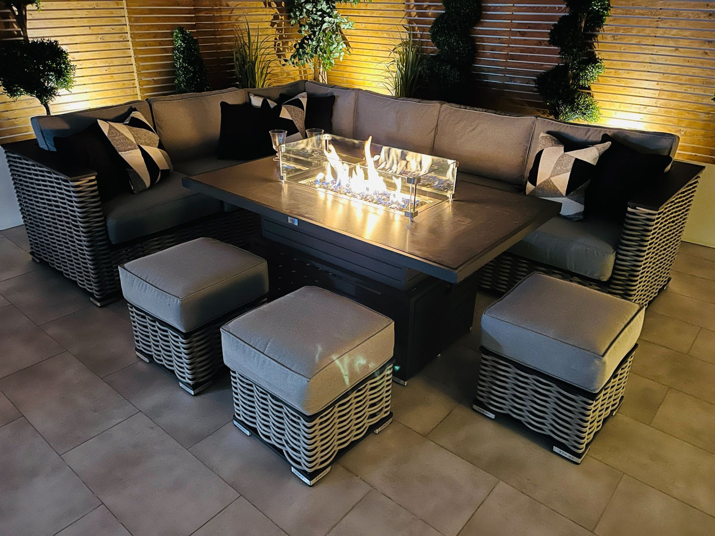 Chimes - Monaco Aluminium Left Hand Corner Dining Set with Rising Firepit Table - Rope Weave
