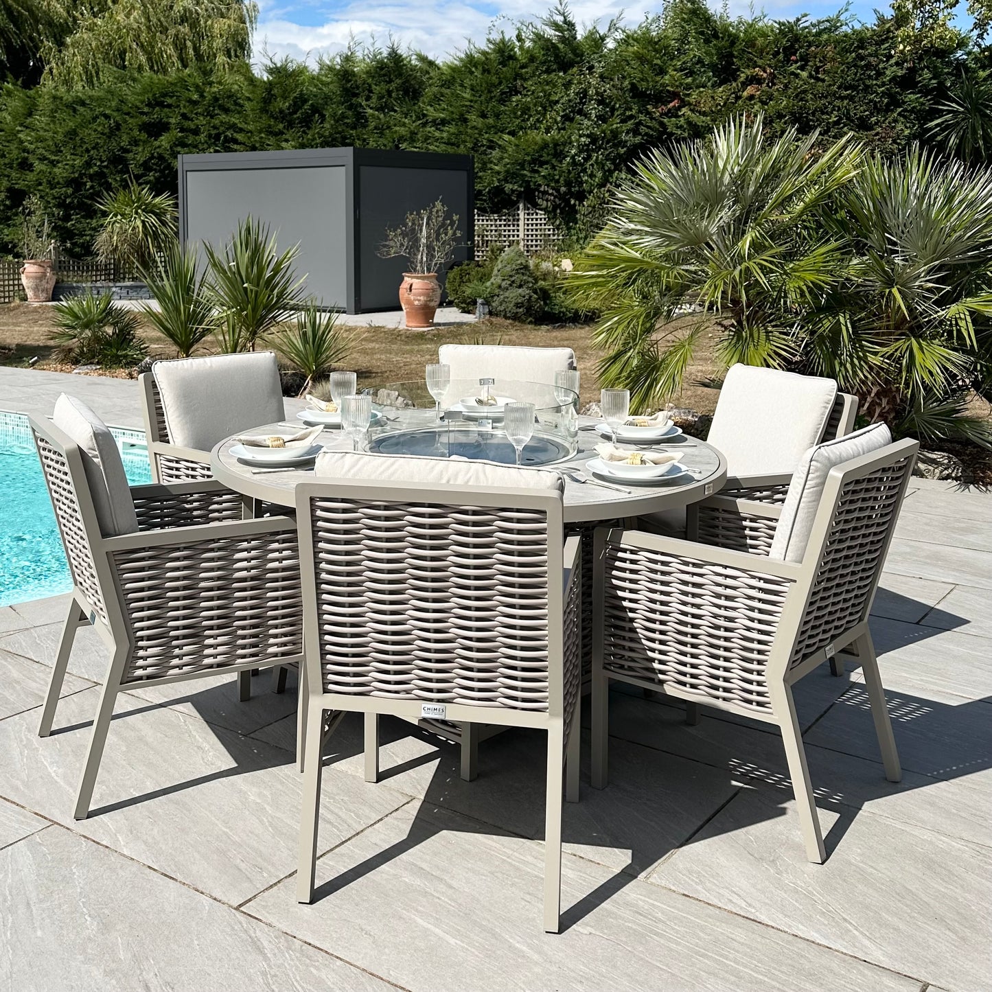 Chimes - Monaco Aluminium 6 Seat Round Dining Set - 1.5 Meter Round Table With Firepit - Rope Weave - Cream