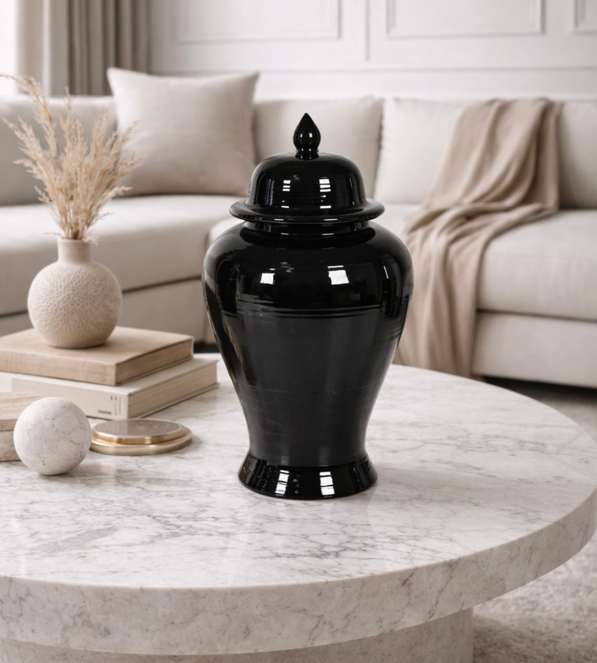 Glossy Black Ceramic Temple Jar