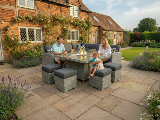 Chimes - Stone Grey Milan Deluxe Corner Dining Set With Firepit Table - LOW STOCK