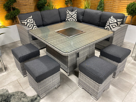 Chimes - Stone Grey Milan Deluxe Corner Dining Set With Firepit Table - LOW STOCK