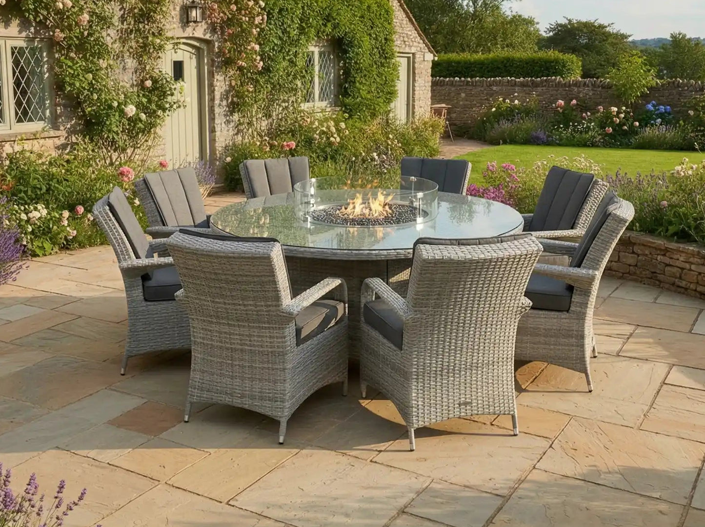 Chimes - Stone Grey Verona 8 Seat Round Dining Set - 1.8 Meter Round Table With Firepit Table