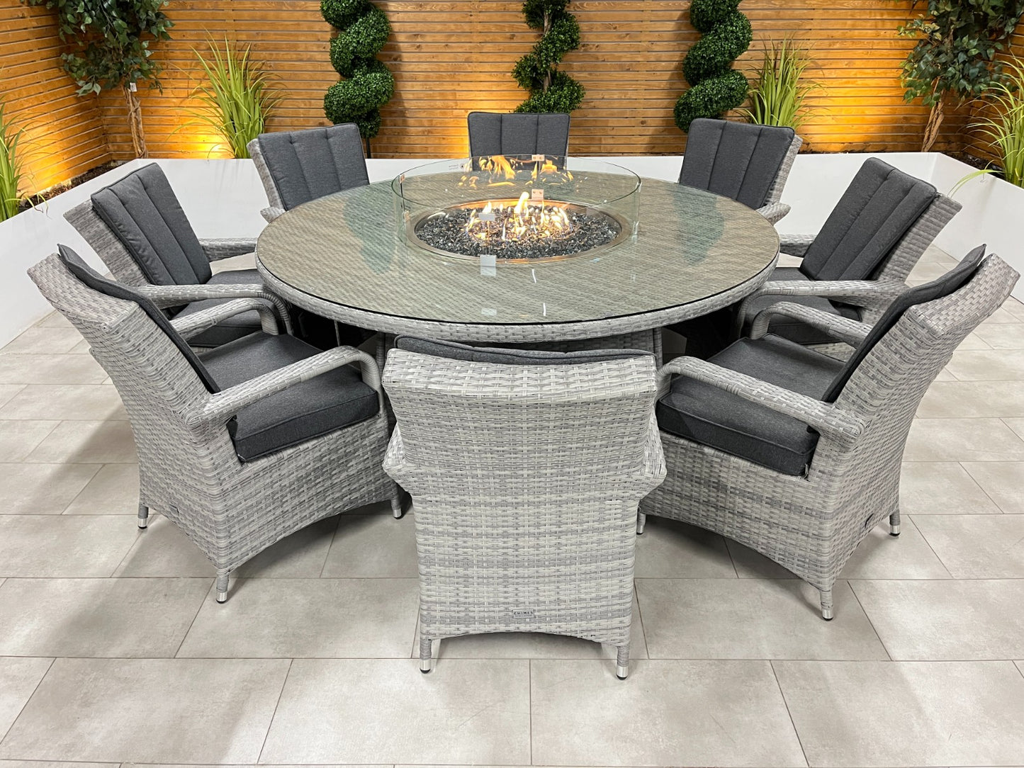 Chimes - Stone Grey Verona 8 Seat Round Dining Set - 1.8 Meter Round Table With Firepit Table