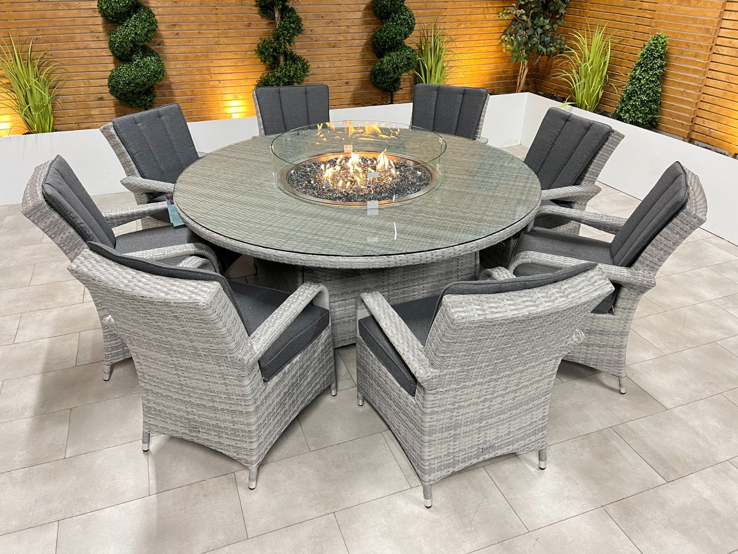 Chimes - Stone Grey Verona 8 Seat Round Dining Set - 1.8 Meter Round Table With Firepit Table