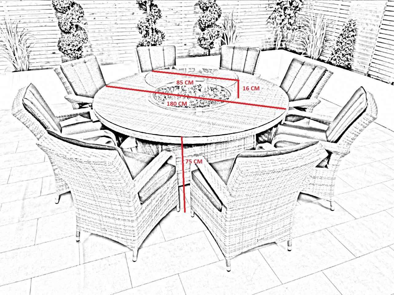 Chimes - Stone Grey Verona 8 Seat Round Dining Set - 1.8 Meter Round Table With Firepit Table