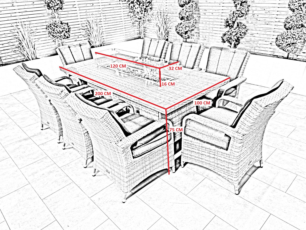 Chimes - Prestige Grey Valencia 8 Seat Rectangular Dining Set - 1 Meter x 2 Meter Table With Firepit