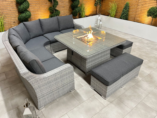 Chimes Rattan Furniture - Stone Grey Vienna Deluxe Corner Sofa Set With Firepit table & 2 Benches
