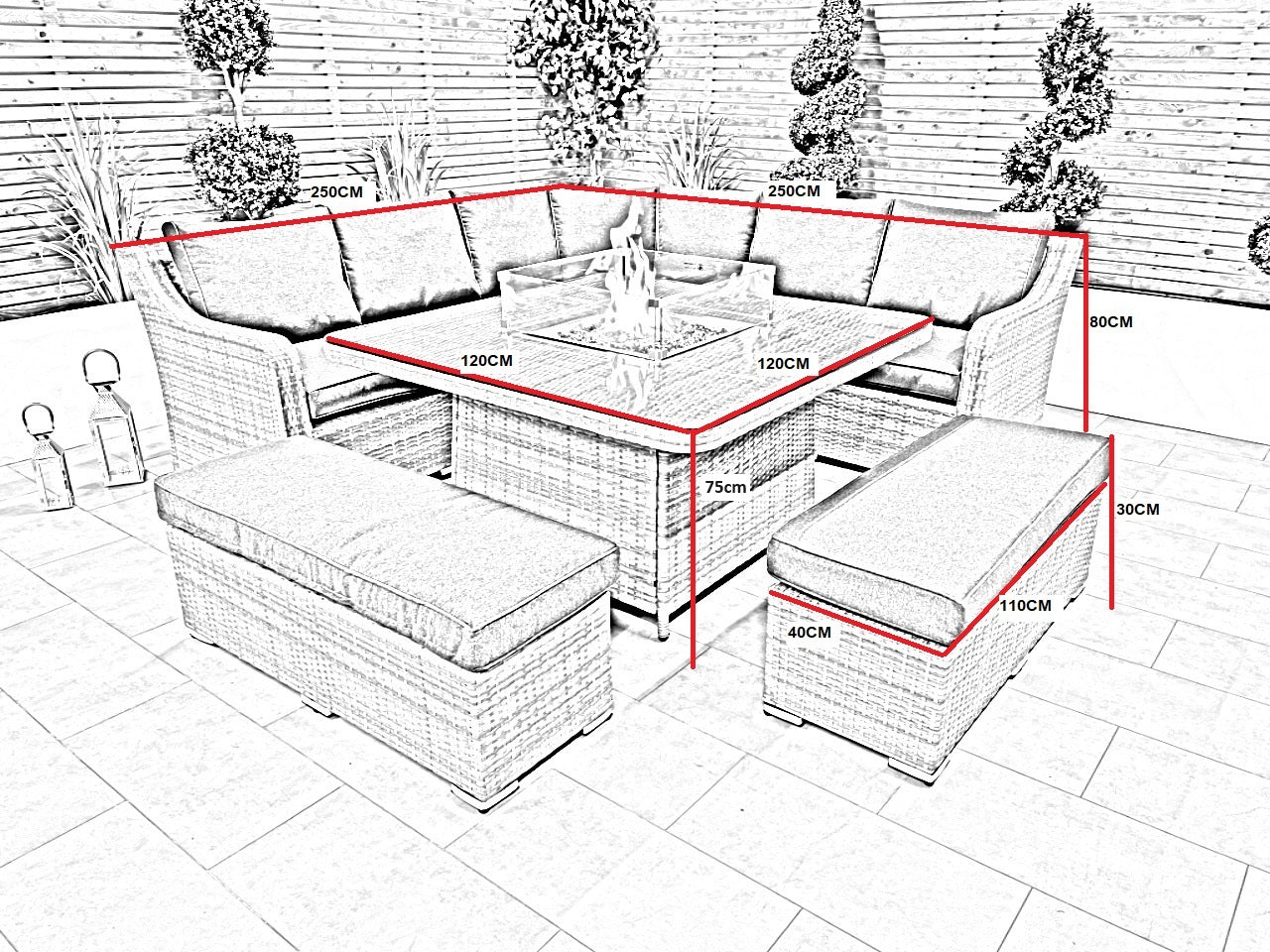 Chimes - Prestige Grey Vienna Deluxe Corner Sofa Set With Firepit table & 2 Benches - LOW STOCK