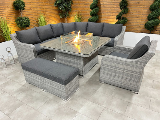 Chimes Rattan Furniture - Stone Grey Vienna Deluxe Corner Sofa Set With Firepit table, Bench & Armchair