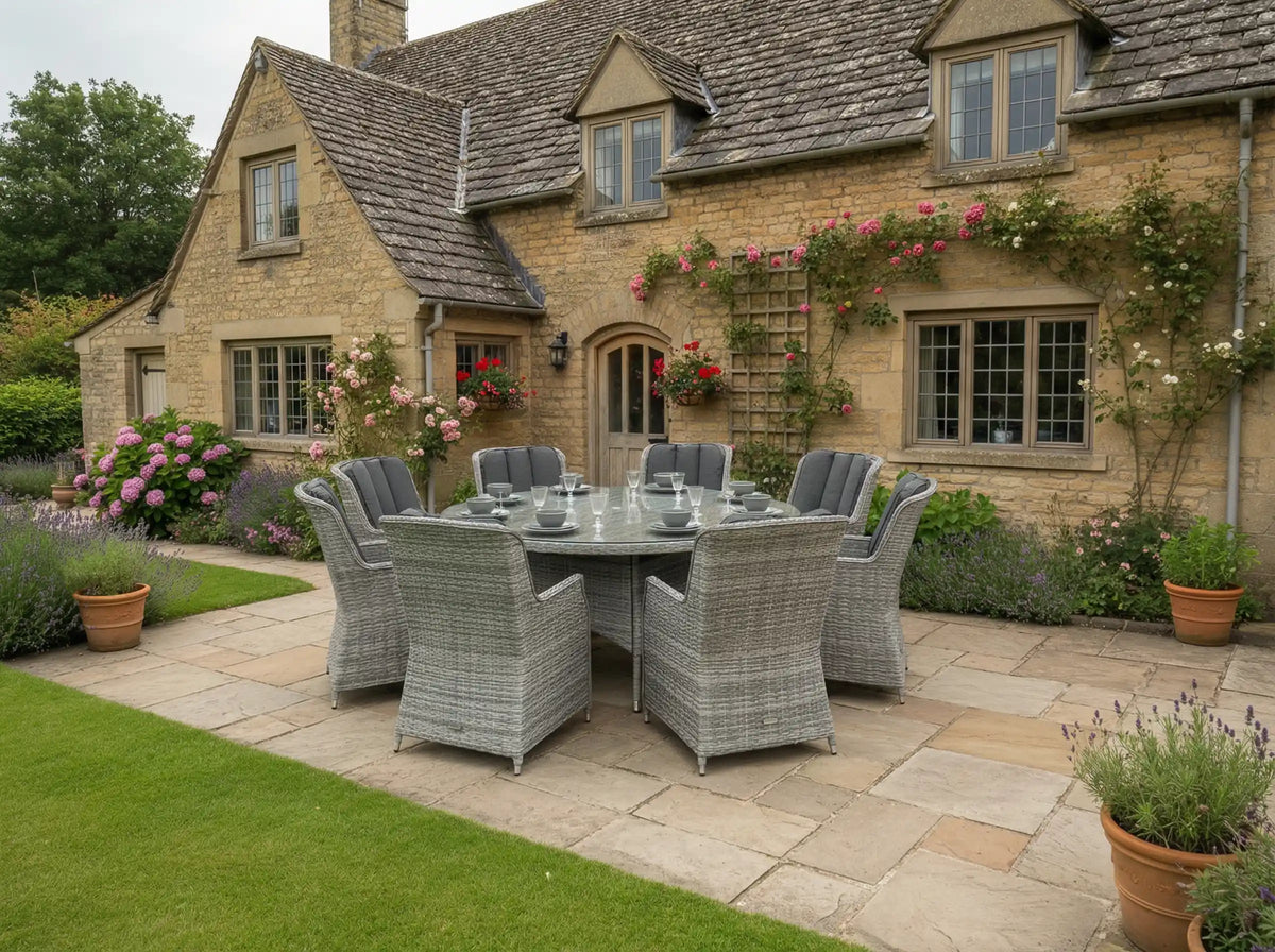 Chimes - Stone Grey Bella 8 Seat Round Dining Set - 1.8 Meter Round Standard Table - LAST ONE