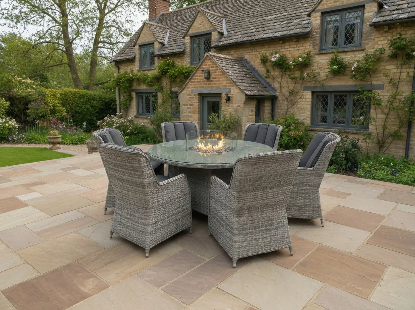 Chimes - Stone Grey Bella 6 Seat Round Dining Set - 1.5 Meter Round Table with Firepit