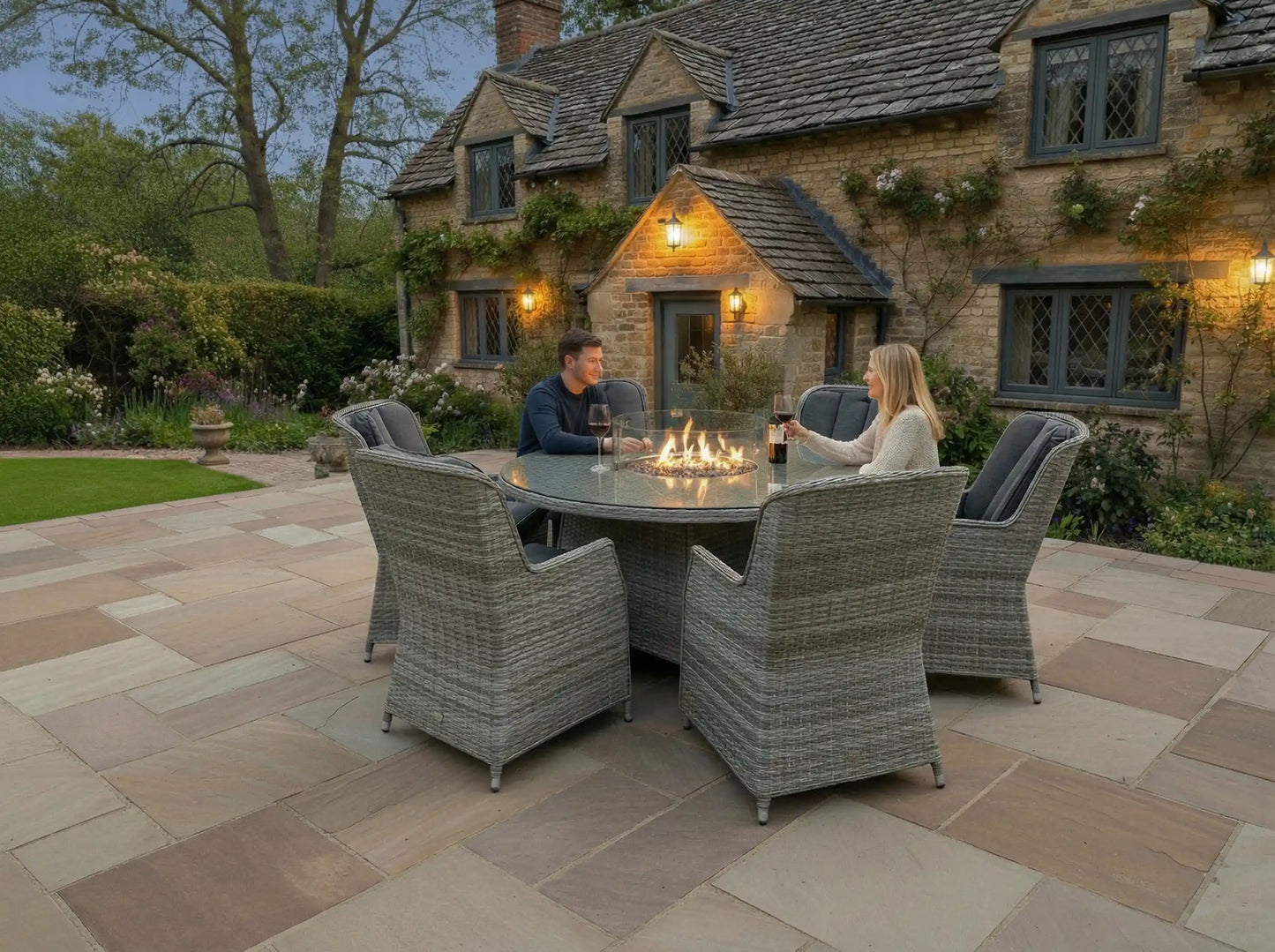 Chimes - Stone Grey Bella 6 Seat Round Dining Set - 1.5 Meter Round Table with Firepit