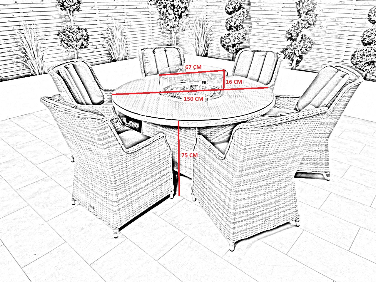 Chimes - Prestige Grey Madrid 6 Seat Round Dining Set - 1.5 Meter Round Table with Firepit