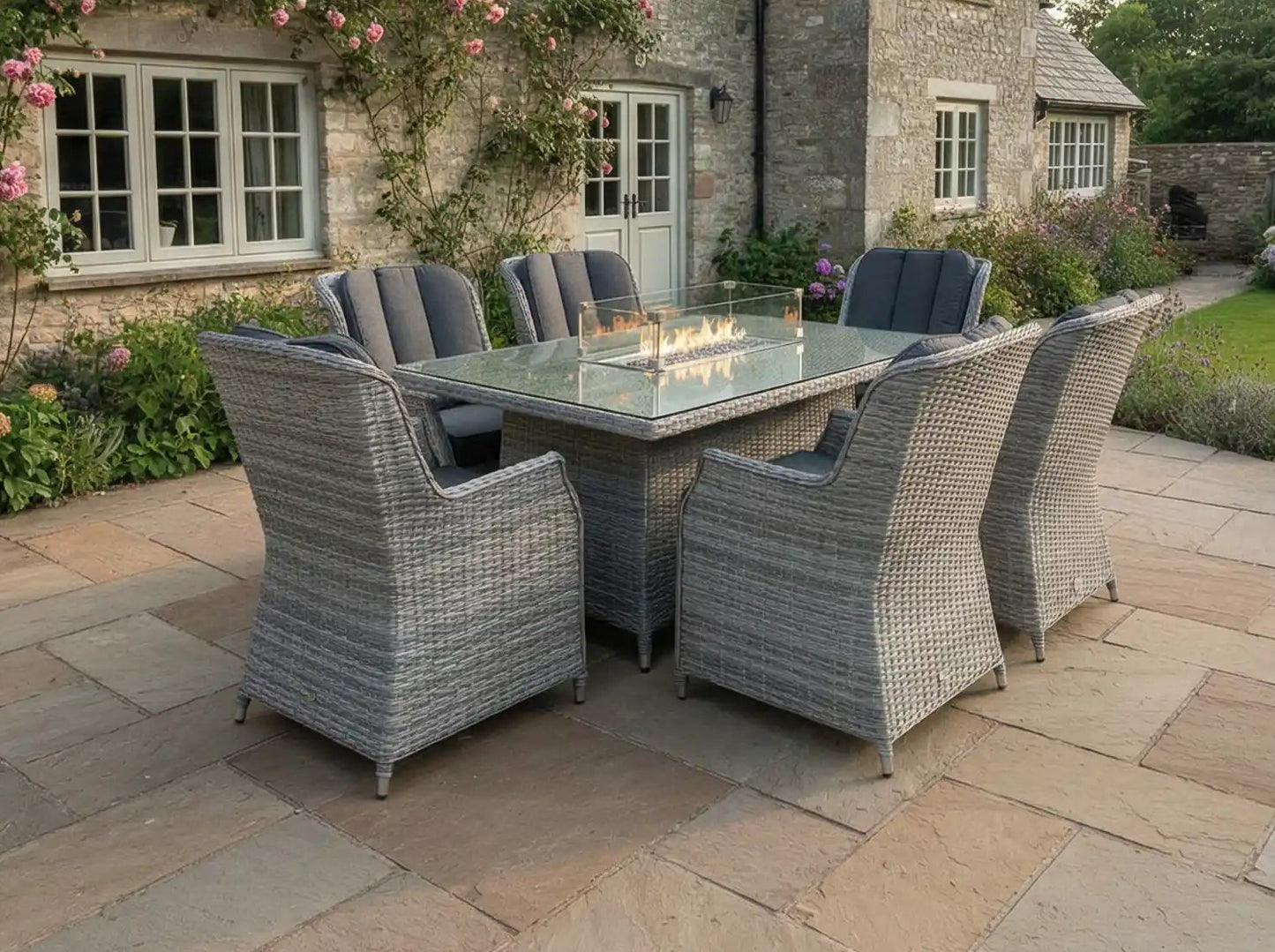 Chimes - Stone Grey Bella 6 Seat Rectangular Dining Set - 1 Meter x 1.5 Meter Rectangular Table With Firepit Table