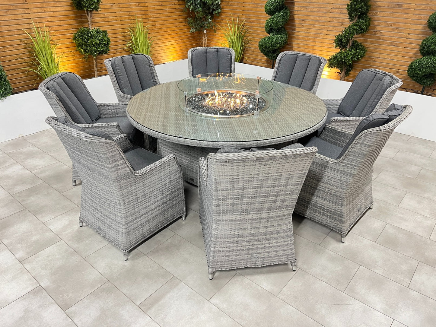 Chimes - Stone Grey Bella 8 Seat Round Dining Set - 1.8 Meter Round Table with Firepit