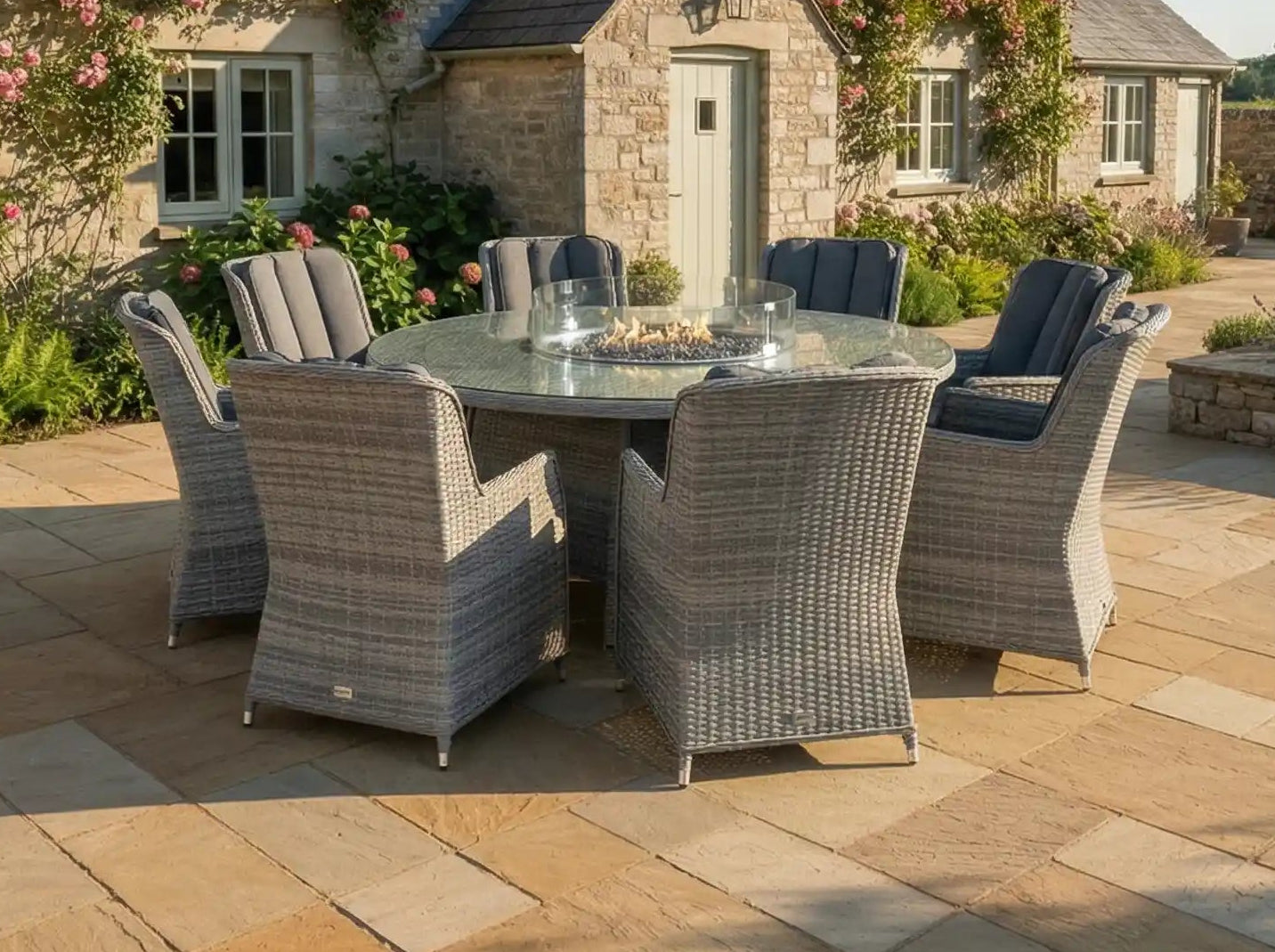 Chimes - Stone Grey Bella 8 Seat Round Dining Set - 1.8 Meter Round Table with Firepit