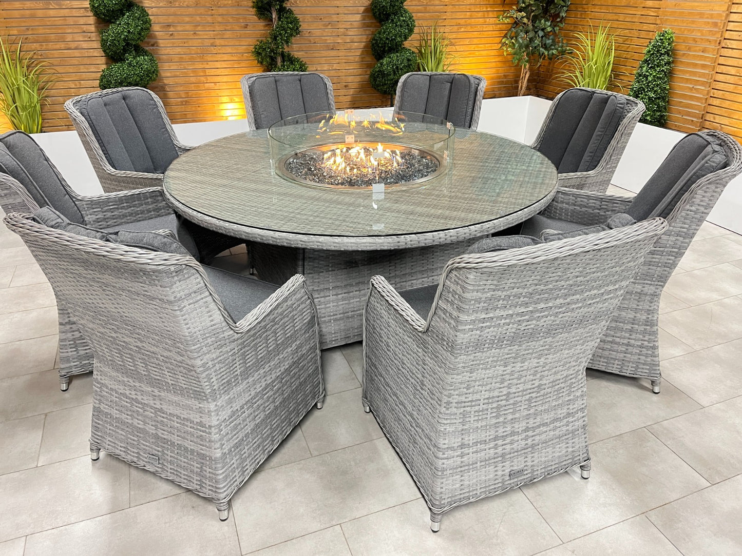 Chimes - Stone Grey Bella 8 Seat Round Dining Set - 1.8 Meter Round Table with Firepit
