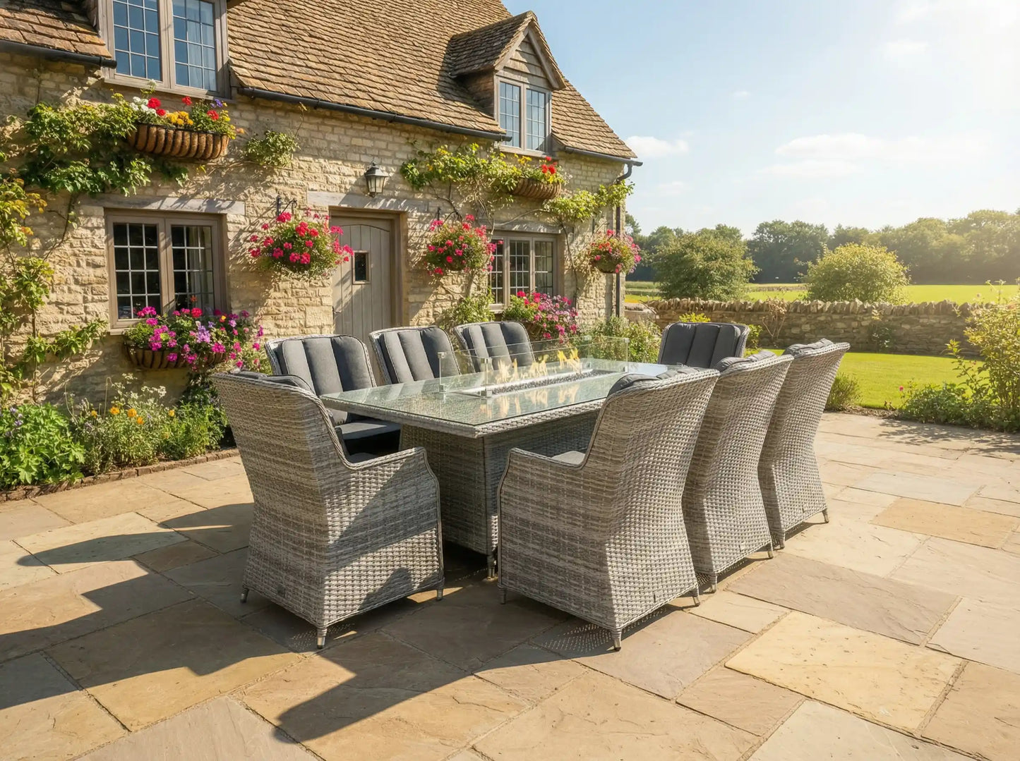 Chimes - Stone Grey Bella 8 Seat Rectangular Dining Set - 1 Meter x 2 Meter Rectangular Table With Firepit Table