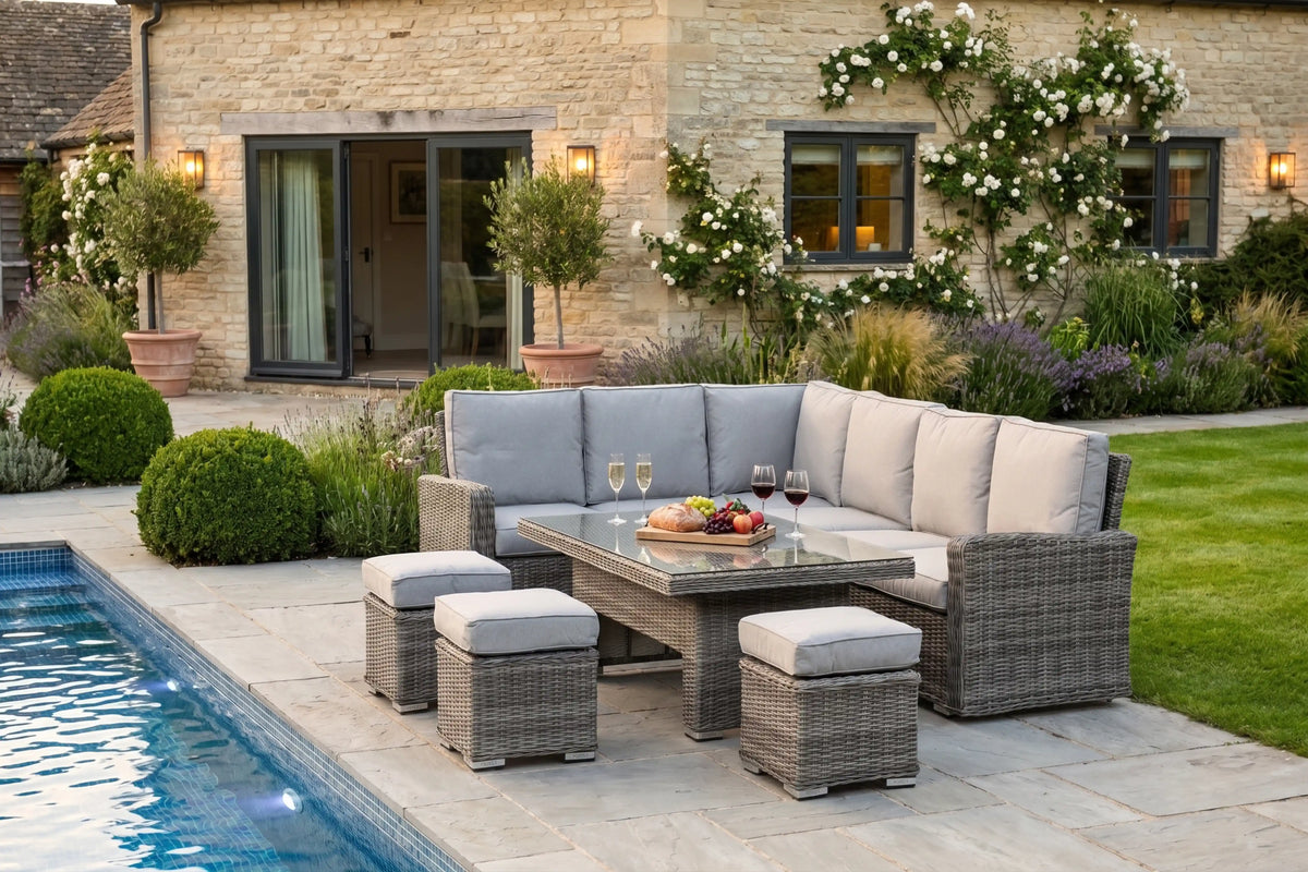 Chimes - Prestige Grey Florence Rattan Corner Dining Set with Rising Table - Left Hand