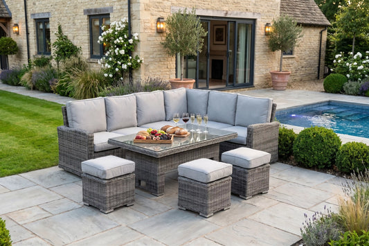 Chimes - Prestige Grey Florence Rattan Corner Dining Set with Rising Table - Right Hand