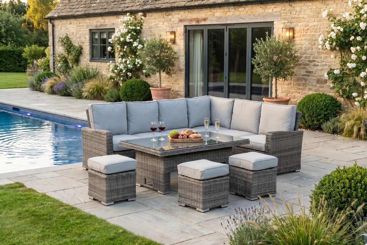 Chimes - Prestige Grey Florence Rattan Corner Dining Set with Rising Table - Right Hand