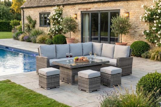 Chimes - Prestige Grey Florence Rattan Corner Dining Set with Rising Table - Right Hand