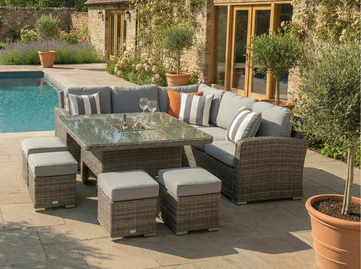 Chimes - Prestige Grey Florence Deluxe Corner Dining Set With Rising Ice Bucket Table (S)