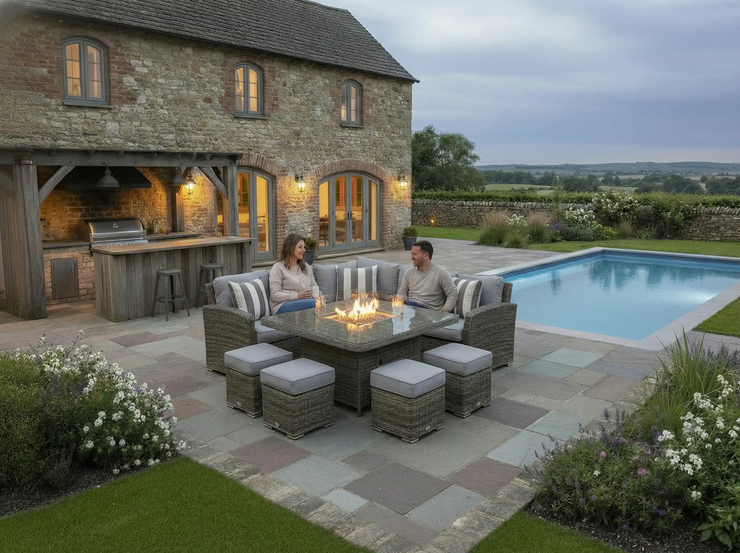 Chimes - Prestige Grey Florence Deluxe Corner Dining Set With Firepit Table