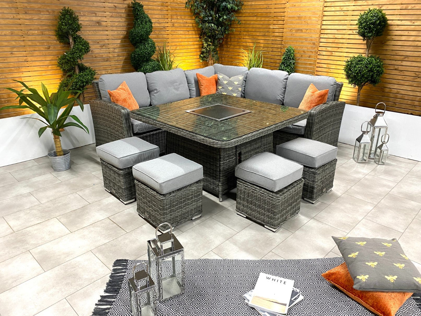 Chimes - Prestige Grey Florence Deluxe Corner Dining Set With Firepit Table