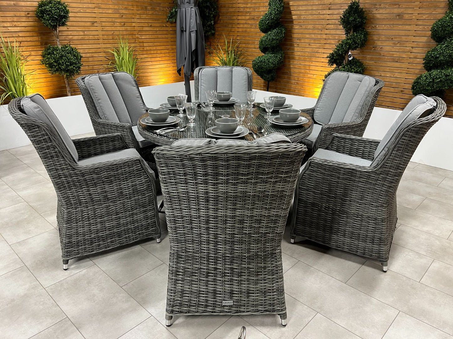 Chimes - Prestige Grey Madrid 6 Seat Round Dining Set - 1.3 Meter Round Table - LOW STOCK